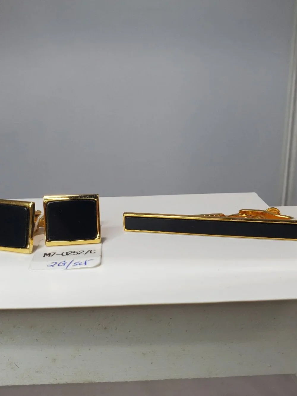 Vintage 14K Gold-Plated Brass Black Enamel Tie Clip & Cufflinks 3 Pc Set